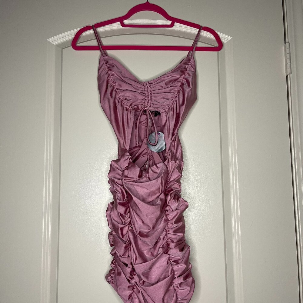 PINK RUCHED CUTOUT DRESS